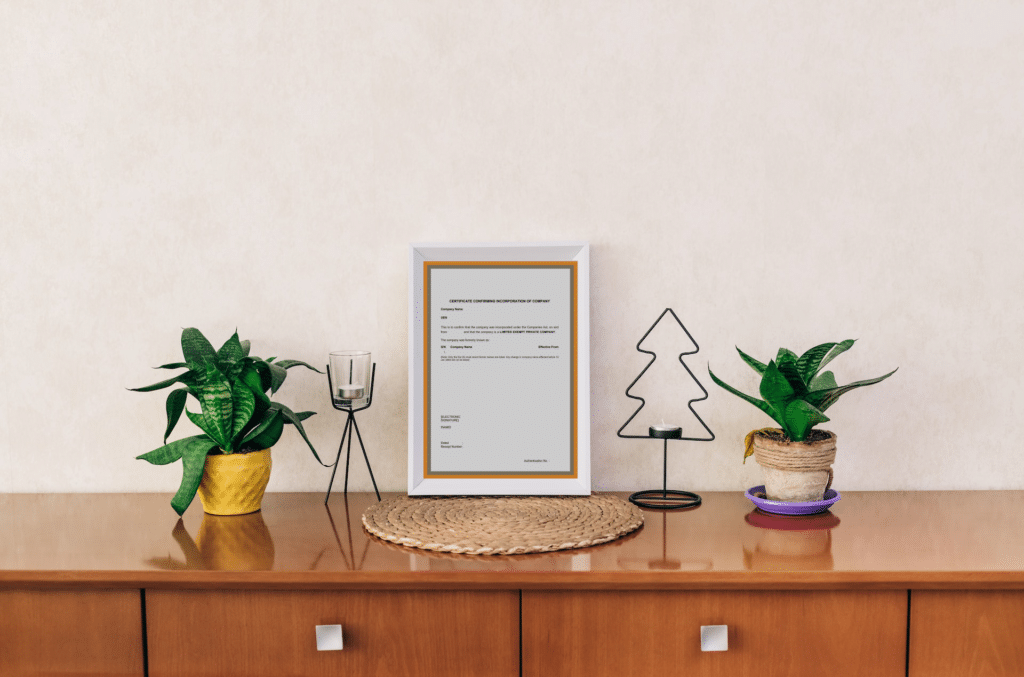 Recently purchased Singapore certificate of incorporation placed on top of a desk.