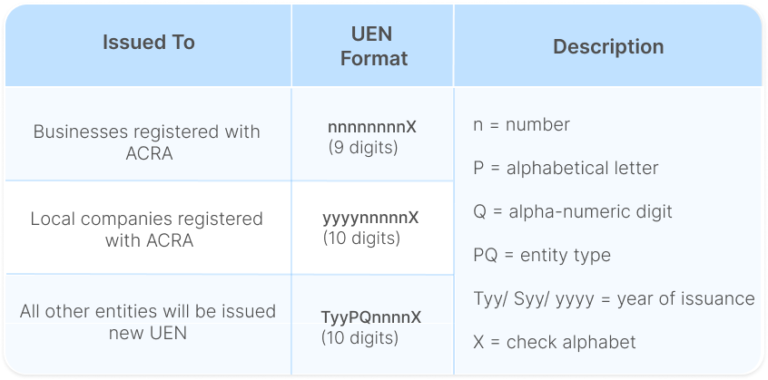 Table portraying the different Tax Identification Number (TIN) formats in Singapore