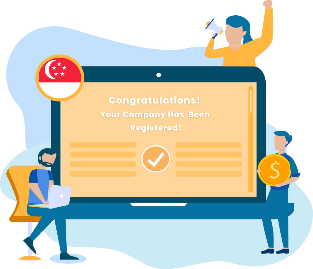 A team of business owners looking at a laptop with a success message after incorporating a company in Singapore.