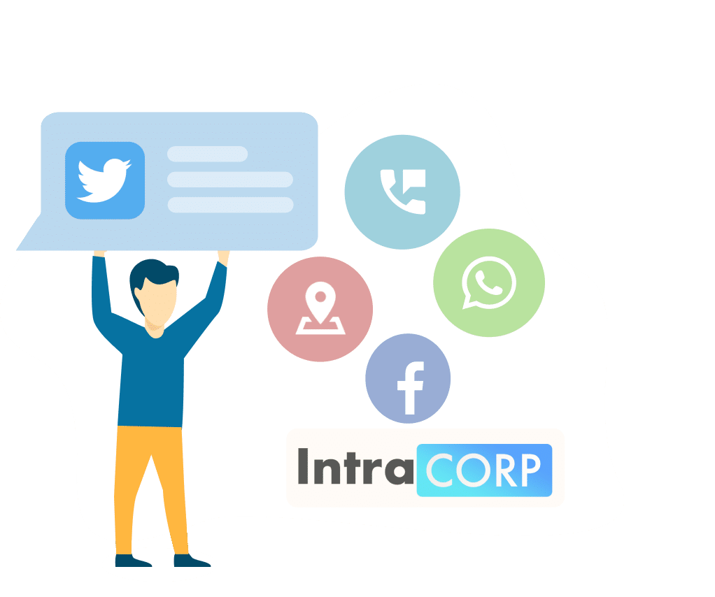 Intracorp team member holding up a twitter sign with other social media and contact icons besides him