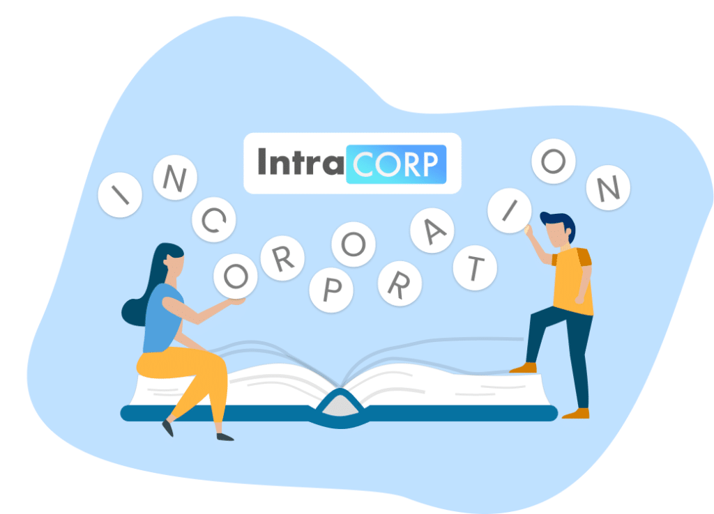 Business owner and Intracorp expert respectively sitting and standing on an open book with letters coming out that form the word "incorporation", representing the story behind Intracorp